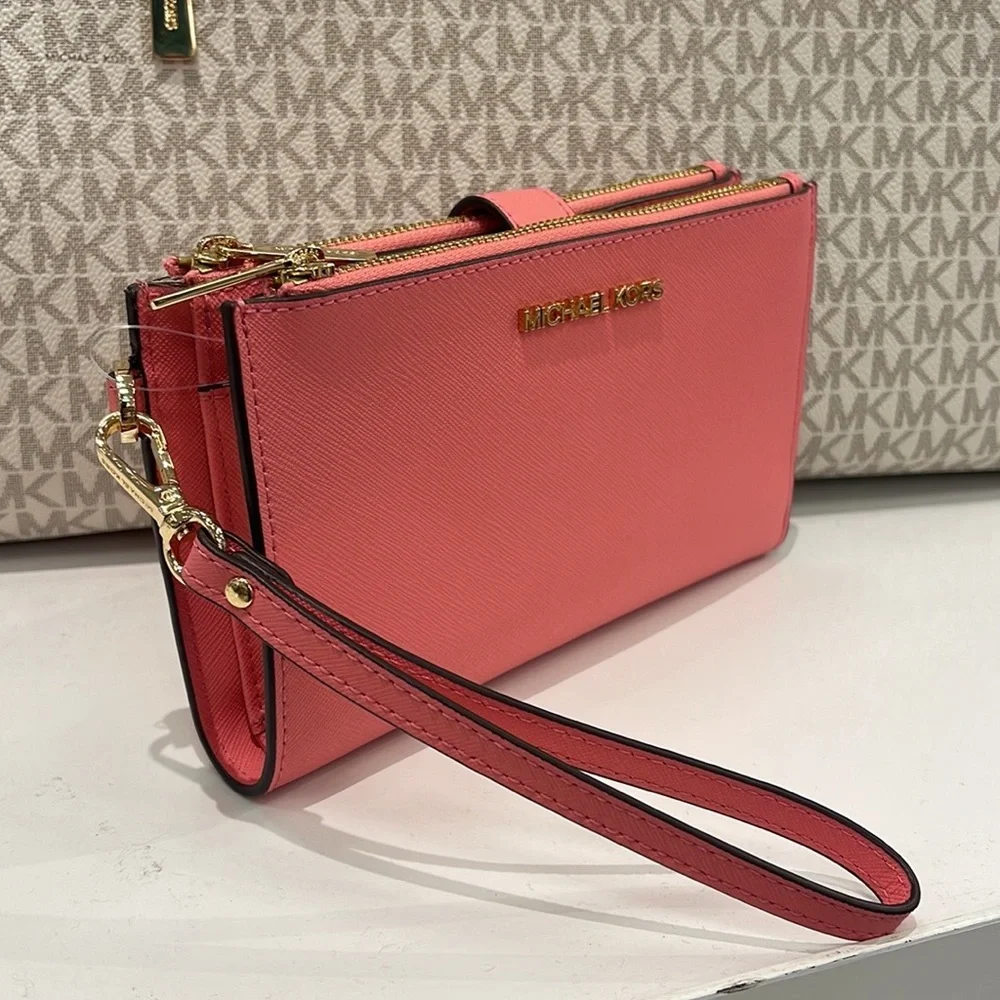 MICHAEL KORS LARGE DOUBLE ZIP WRISTLET WALLET PHONE CASE CLUTCH Tea Rose NWT
